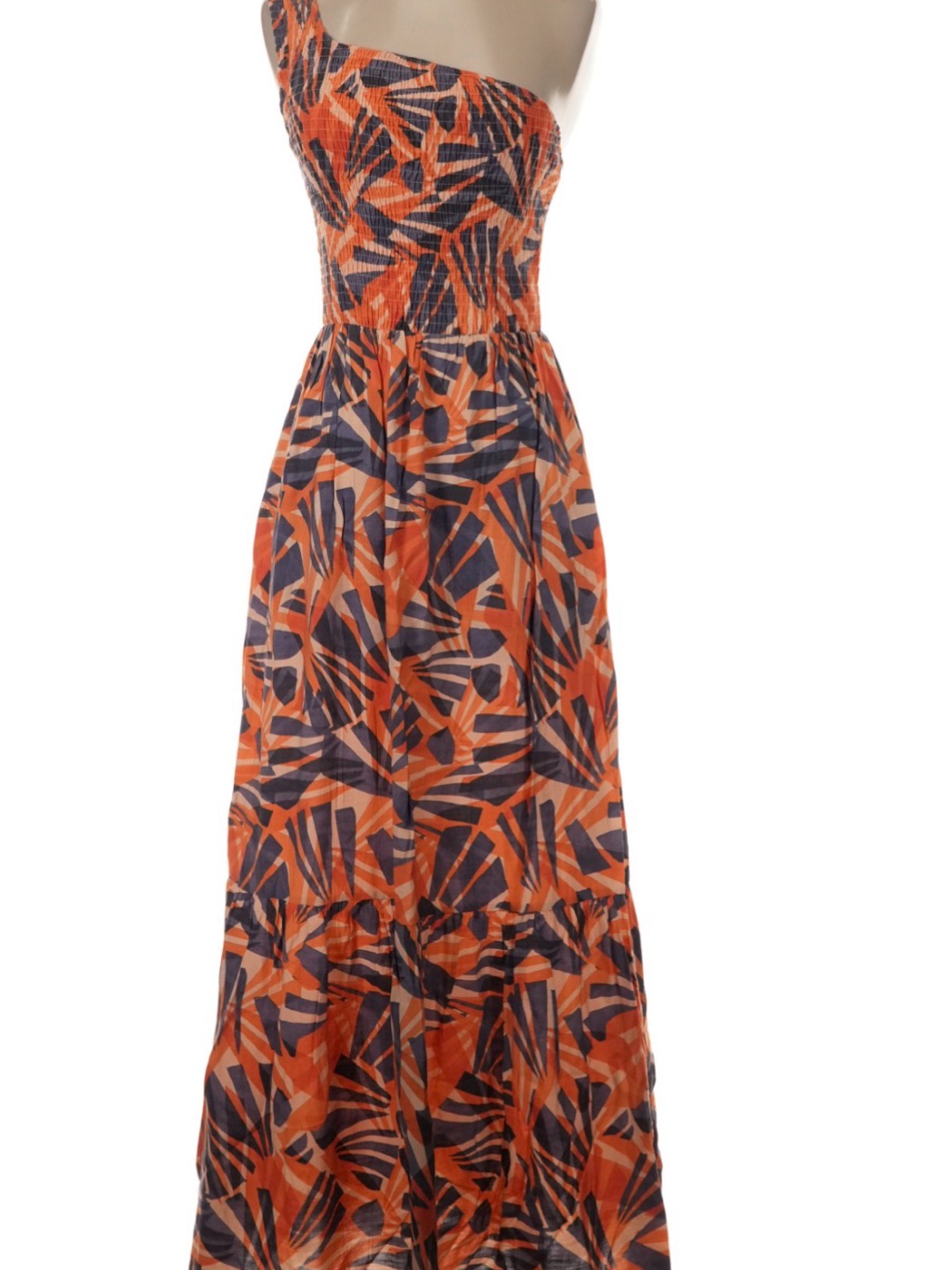 Nine West One-Shoulder Orange & Navy Printed Maxi Dress